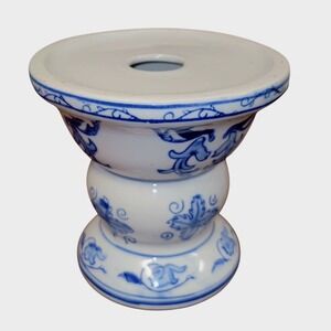 Blue White Ceramic Candle Holder Delft Style Hand‎ Painted Floral Design Pottery
